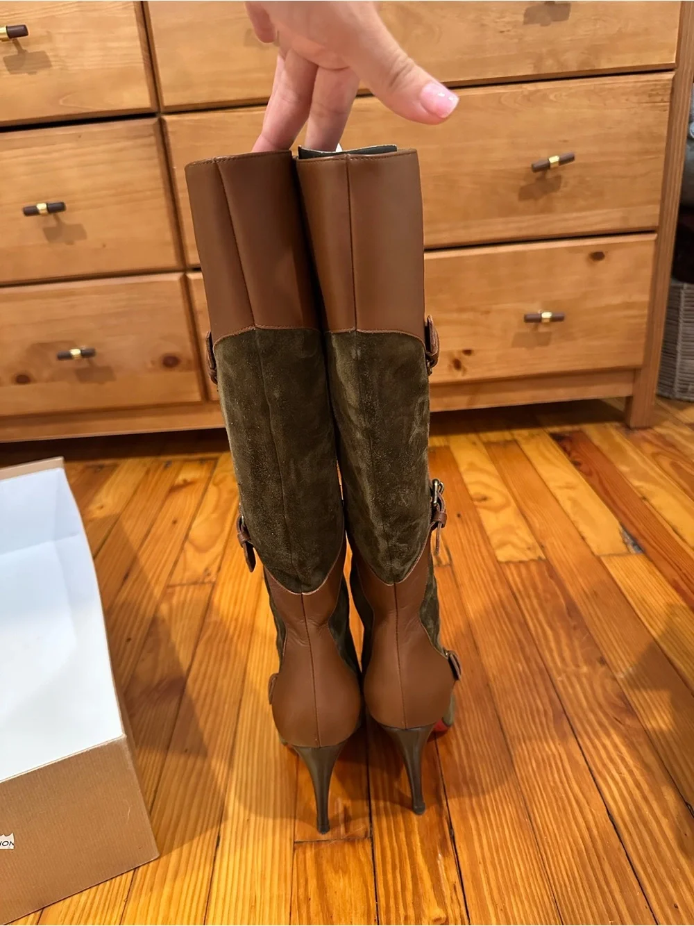 Christian Louboutin Canassone 100 mm Brown Leather & Olive Suede Knee-High Boot